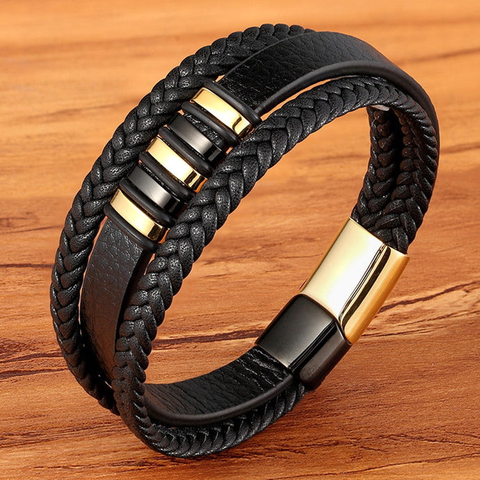 Black Gold Punk Style Design Genuine Leather Bracelet for Men (Birthday Gift)